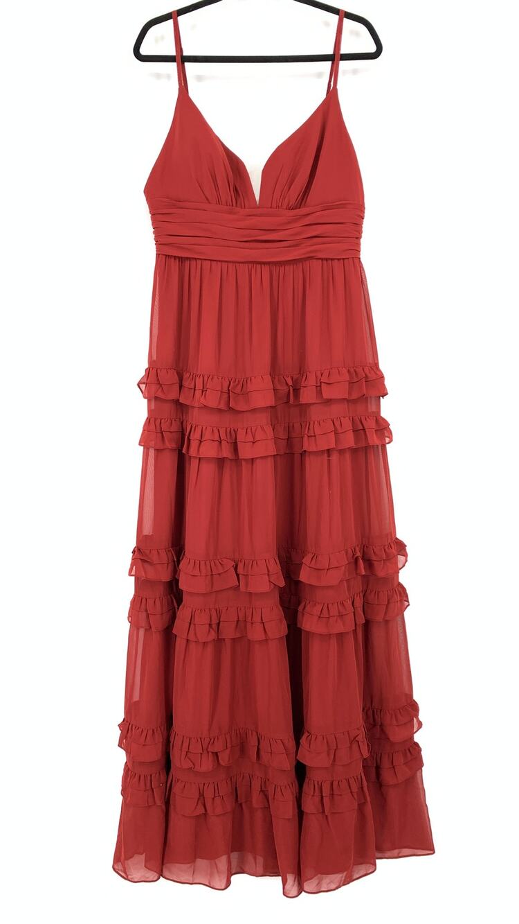 Azazie Rachel A-Line Chiffon Dress Womens Size A14 Pomegranate Tiered Ruffle